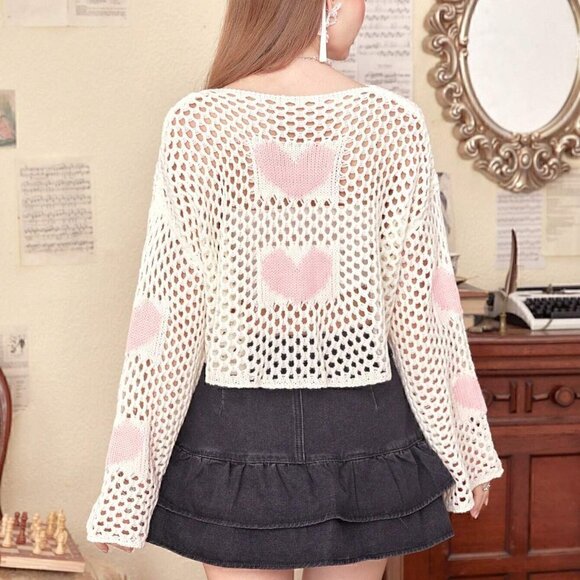 White Boho Womens Heart Pattern Drop Shoulder Open Knit Sweater - Picture 2 of 5